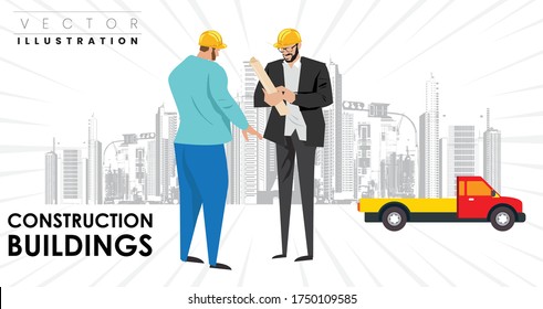 Construction concept of Engineer and Architect working at Construction Site with blue print