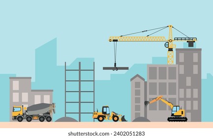 Construction concept with excavator, truck dumb and roller dumb, industry scene with heavy vehicles Flat design style landscape background