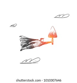 Construction concept. Hand drawn superhero with putty knife in his hand. Flying hero holds spatula as symbol of building isolated vector illustration.