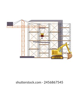 Construction concept illustration with scaffolding, crane and excavator