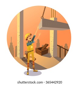Construction concept with labor worker putting concrete bay on building retro stylr vector illustration