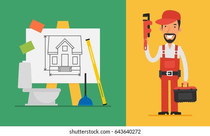 Construction Concept Plumber Holding Pipe Wrench and Tools. Vector Illustration. Set Objects.
