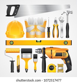 Construction Concept Set All Of Tools Supplies For House Repair Builder On White Background Vector Illustration