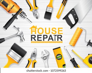 construction concept set all of tools supplies for house repair builder on white wooden background vector illustration