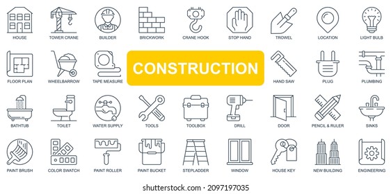 Construction concept simple line icons set. Pack outline pictograms of house, tower crane, builder, location, supply, tools, wheelbarrow and other. Vector symbols for website and mobile app design