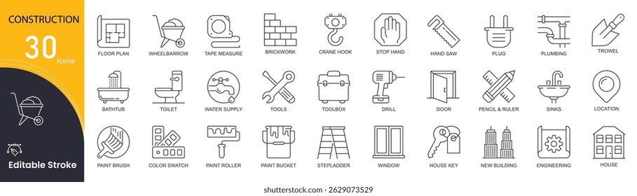 Construction concept simple line icons set. Pack outline pictograms of house, tower crane, builder, location, supply, tools, wheelbarrow and other. Editable stroke . Outline icons.