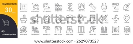 Construction concept simple line icons set. Pack outline pictograms of house, tower crane, builder, location, supply, tools, wheelbarrow and other. Editable stroke . Outline icons.