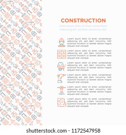 Construction concept with thin line icons: builder in helmet, work tools, brickwork, floor plan, plumbing, drill, trowel, traffic cone, stepladder, jackhammer, wheelbarrow. Modern vector illustration.