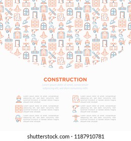 Concepto de construcción con iconos de línea delgada: constructor en casco, herramientas de trabajo, ladrillo, Plan de piso, plomería, taladro, paleta, cono de tráfico, escalera, martillo neumático. Ilustración vectorial, Plantilla de página de Web.