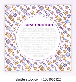 Construction concept with thin line icons: builder in helmet, work tools, brickwork, floor plan, plumbing, drill, trowel, traffic cone, stepladder, jackhammer. Vector illustration for print media.