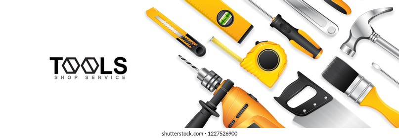 Construction concept tools shop service banner set all of tools supplies for house repair builder on white background vector illustration