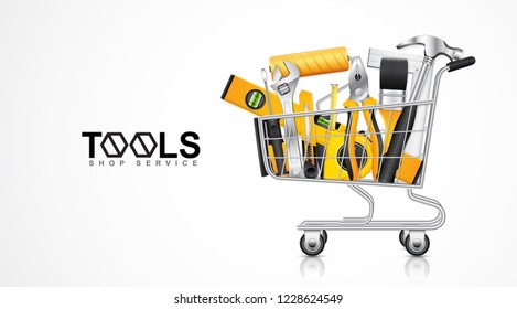 Construction concept tools shop service banner shopping cart with set all of tools supplies for house repair builder on white background vector illustration