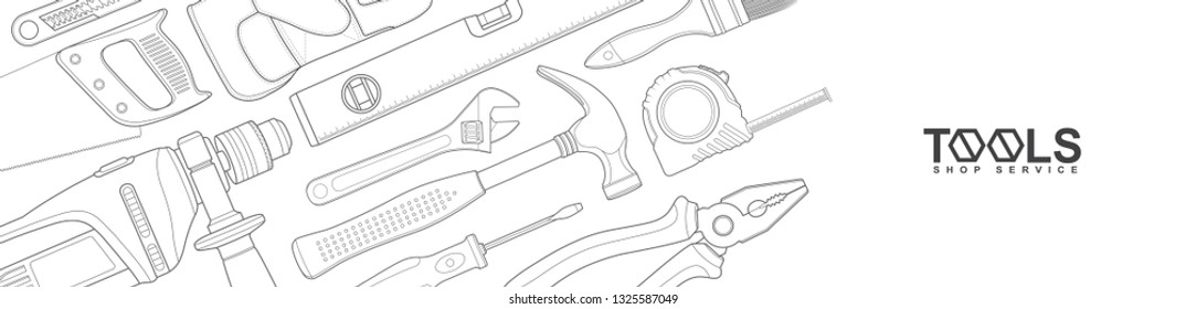 Construction concept tools shop service banner set all of tools supplies for house repair builder on white background vector illustration
