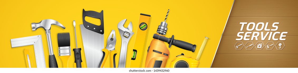 Construction concept tools shop service horizontal banner and flat icons set all of tools supplies for house repair builder on white background vector illustration