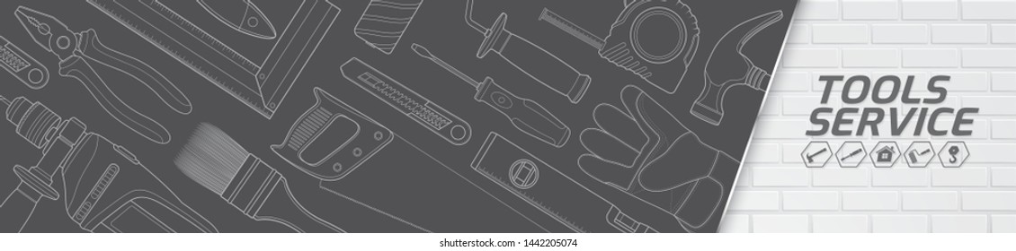 Ferramentas de conceito de construção serviço de loja banner horizontal e ícones planos definir todos os suprimentos de ferramentas para o construtor de reparos de casa na ilustração vetorial de fundo branco