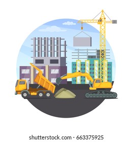 Construction concept with unfinished modern building and different heavy machines. Vector illustration