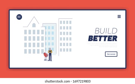 Concepto de construcción. Página de inicio del sitio web. Generador Mezclando Hormigón Por Medio De Mezclador De Hormigón En El Fondo Del Edificio En Construcción. Ilustración de vectores planos de esquema lineal de página Web