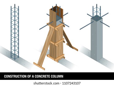 CONSTRUCTION OF A CONCRETE COLUMN. The graph shows a column of concrete before and after the wooden formwork on a white background. Vector image