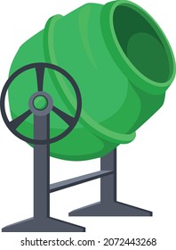 Mezclador de hormigón de construcción. Cemento de mezcla de herramientas verdes sobre ruedas, máquina industrial, ilustración de icono del vector plano de dibujos animados aislado en fondo blanco