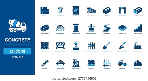 Construction Concrete Solid Icon Set organizing heavy brick, fast mixer, broad arch, sturdy pillar, long bridge, and building tools for massive architectural masonry infrastructure site management.