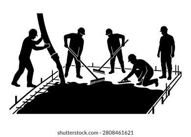 Construction, concrete, workers, pouring, smoothing, building, foundation, site.
