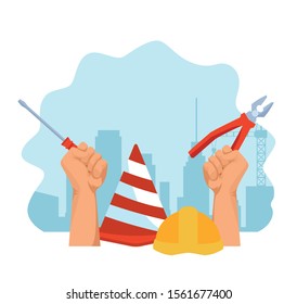 construction cone and helmet and hands with tools over blue and white background, colorful design , vector illustration