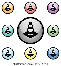 Construction Cone Icon Glass Button Icon Set
