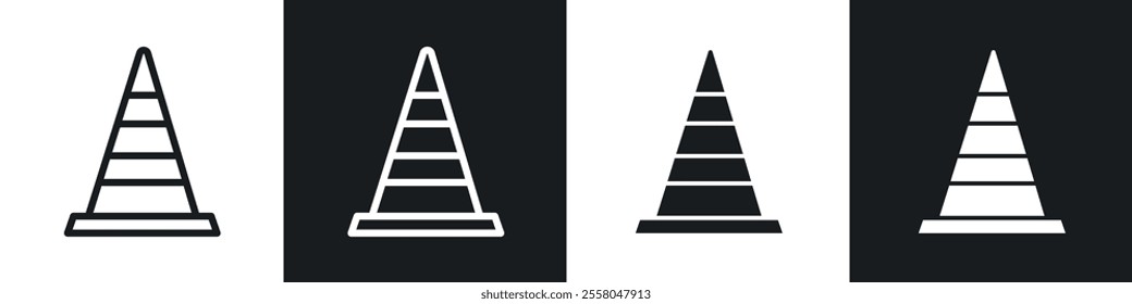 Construction cone icons pack in black and white filled and outlined versions.