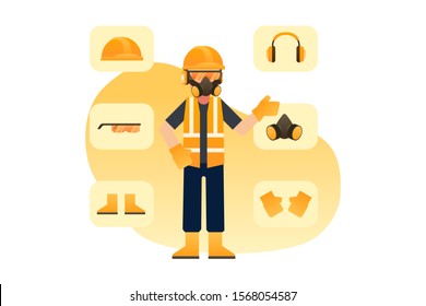 Construction Or Contructor Man Standing And Wearing Safety Equipment Surrounden By Yellow Hard Helmet, Headphone, Glasses, Mask, Boots And Gloves Icon Vector