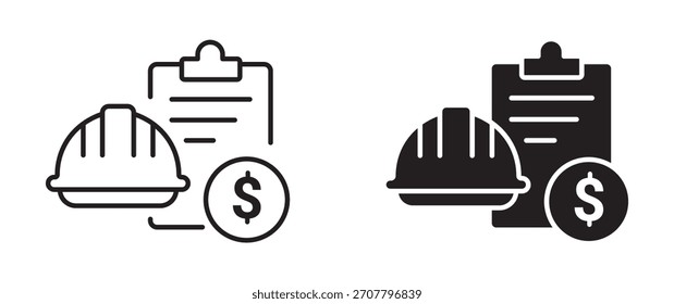 Conjunto de iconos de estimación de costos de construcción en estilo de esquema y silueta, que representa la presupuestación del proyecto, la planificación de gastos de construcción y la evaluación de costos del contratista, la Ilustración vectorial.