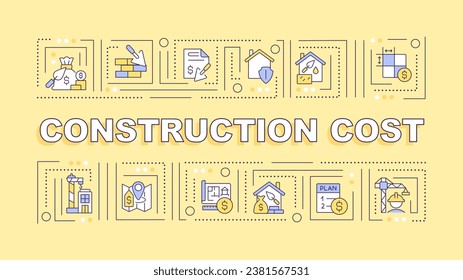 Texto de coste de construcción con varios iconos de línea delgada concepto sobre fondo monocromático amarillo, ilustración de vector 2D editable.