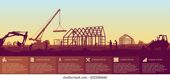 Construction of a country house. Provision of services in construction. Infographics for a website. Panoramic view of the construction site. A truck crane lifts a load. Stock vector illustration.