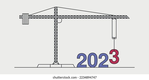 Construction crane and 2023 symbol concept. Happy New Year line vector illustration.