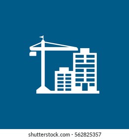 Construction Crane And Apartment House Flat Icon On Blue Background