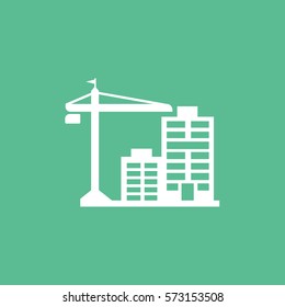 Construction Crane And Apartment House Flat Icon On Green Background