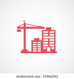 Construction Crane And Apartment House Red Flat Icon On White Background