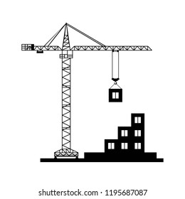 construction crane assembles building icon. black isolated.