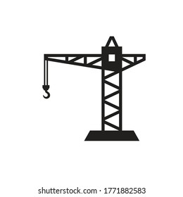 Construction crane - black icon on white background vector illustration. Building concept sign. Lifting weight cargo concept symbol. Graphic design element. 