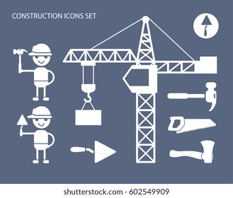 Construction crane, builders, trowel tool, hammer, saw, axe. Icons set.