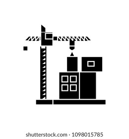 Construction crane building black icon concept. Construction crane building  vector sign, symbol, illustration.