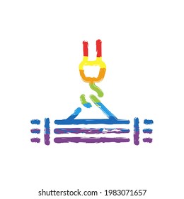 Construction crane, building machine, simple icon. Drawing sign with LGBT style, seven colors of rainbow (red, orange, yellow, green, blue, indigo, violet