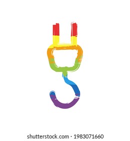 Construction crane, building machine, simple icon. Drawing sign with LGBT style, seven colors of rainbow (red, orange, yellow, green, blue, indigo, violet