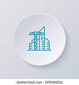 Construction crane, building machine, simple icon. Cut circle with gray and blue layers. Paper style