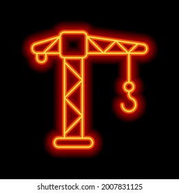 Construction crane, building machine, simple icon. Orange neon style on black background. Light linear icon with editable stroke