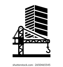 Construction Crane and Building Silhouette Vector Icon
