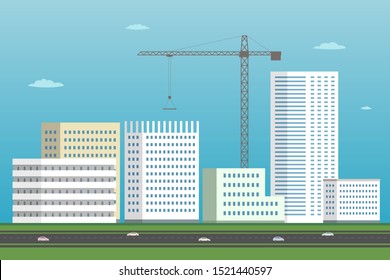 Construction crane and buildings. Cartoon. Vector illustration.