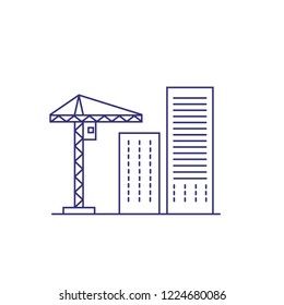 Construction crane and buildings line icon. Construction site, building industry, housing development. Construction concept. Vector can be used for topics like industry, architecture, engineering