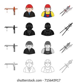 Construction crane, chief, architect, foreman,dividers. Architecture set collection icons in cartoon black monochrome outline style vector symbol stock illustration web.
