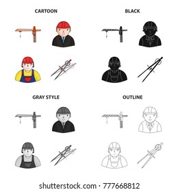 Construction crane, chief, architect, foreman,dividers. Architecture set collection icons in cartoon black monochrome outline style vector symbol stock illustration web.
