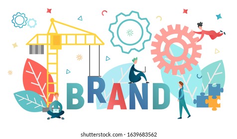 A construction crane constructs from letters the word Brand. Vector illustration branding concept.
